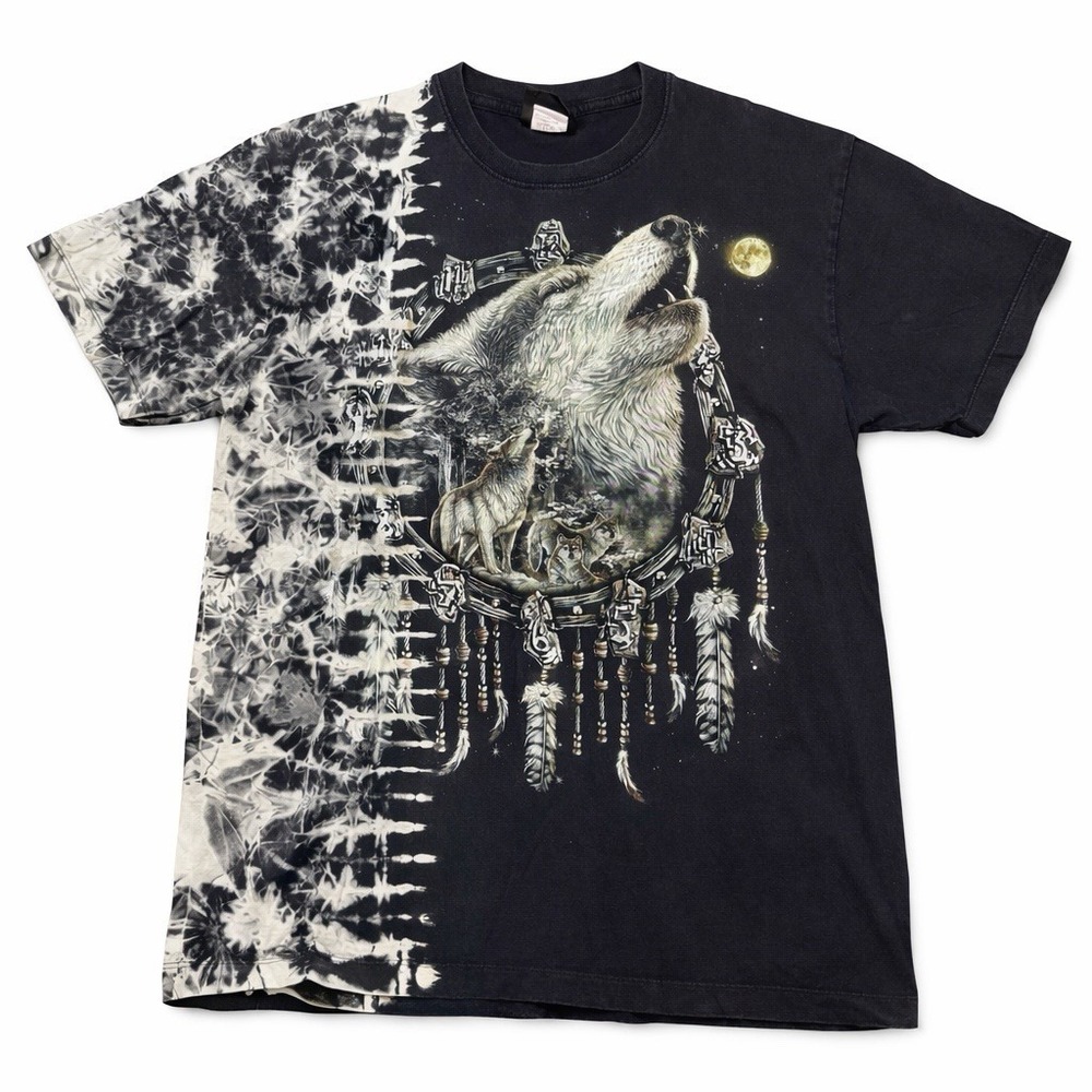 Jays Rock Shirt Large‎ Black Bleach Tie Dye Wolf Howling Moon Dream Catcher AOP